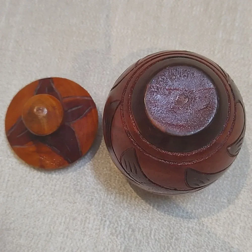 Vintage Small 2-Toned Carved Wood Floral Lidded Jar